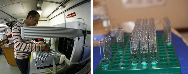 Left: Ross introducing sample tubes into a machine which automatically fills them from the seawater the ship is passing through<br>Right: Small sample tubes ready to be put into the flow cytometer