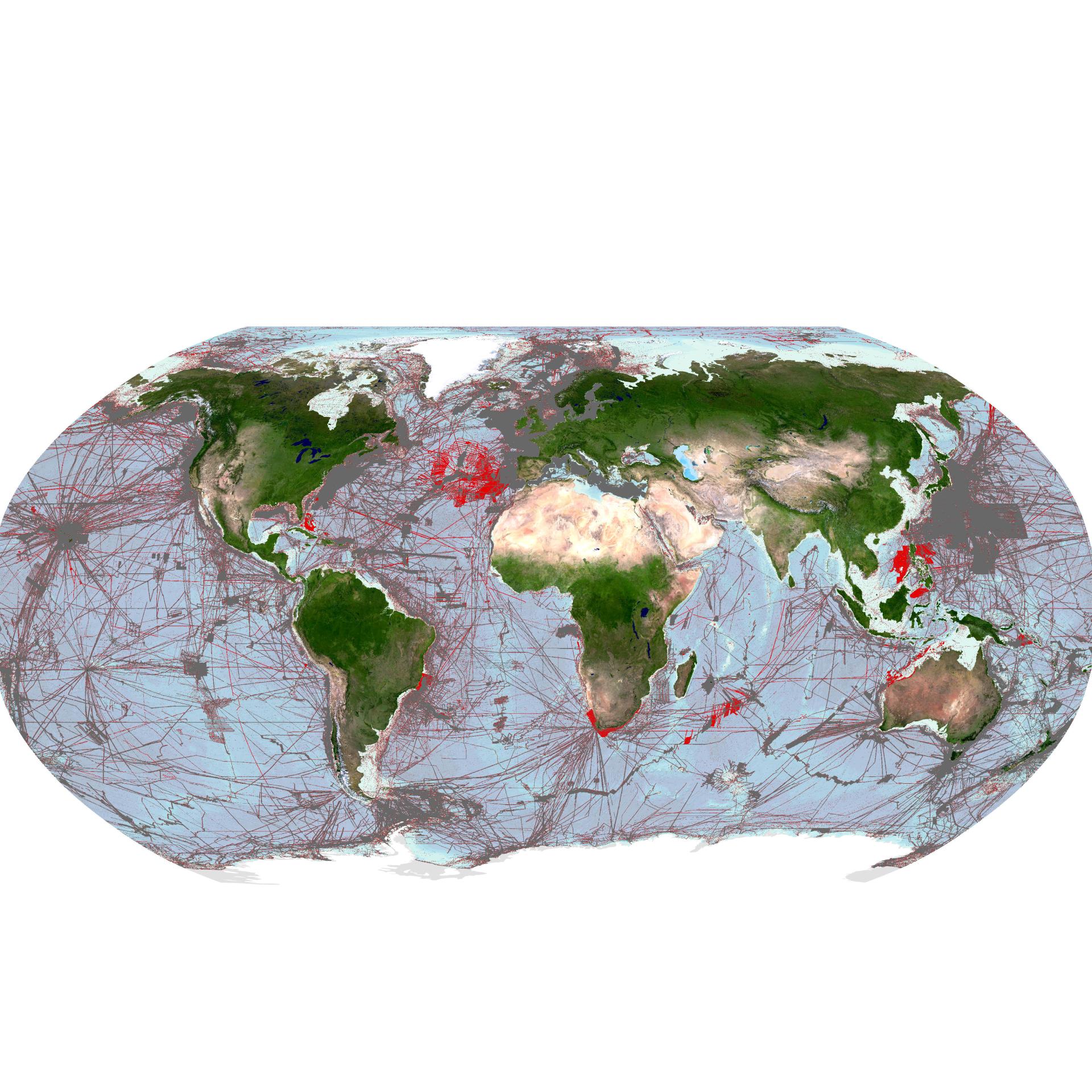 Areas of the global seafloor considered as mapped within the GEBCO grid. Grey: mapped areas in the 2022 release of the GEBCO Grid; Red: additional coverage included in the 2023 release