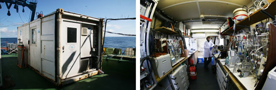 Left: The UEA carbon chemistry container<br>Right: Now which tube was it again? Dorothee inside the container
