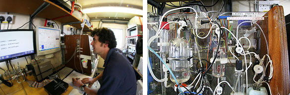 Left: Gareth monitoring the CO<sub>2</sub> instrument via a display<br>Right: Close-up of part of a VINDTA