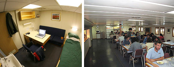 Left: One of the cabins (each scientist has their own)<br>Right: Lunch on the RRS Discovery