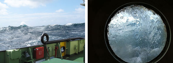 Left: A big wave off the aft deck<br>Right: Wave washing over a porthole
