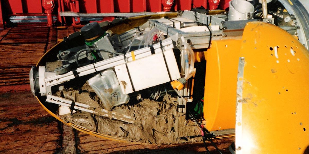 Acoustic tracking showed Autosub had been ploughing a furrow into the soft sediment, accumulating material in its nose.