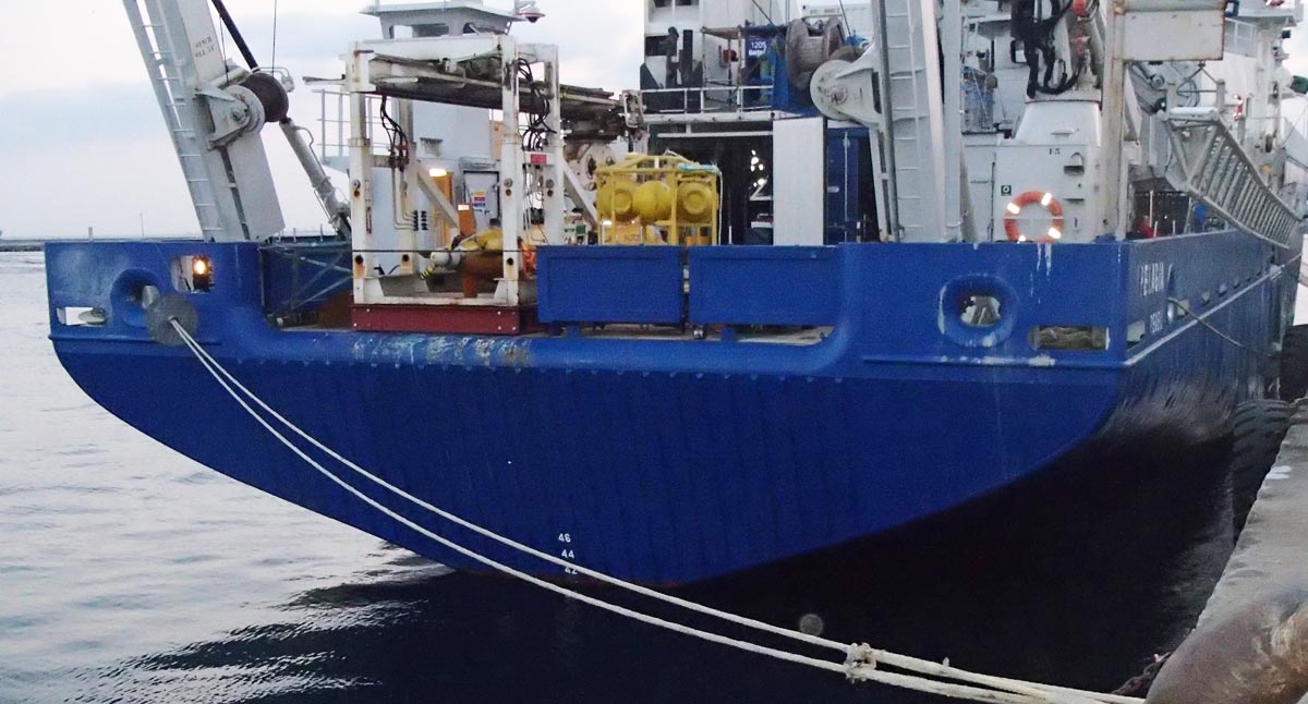 Autosub 3 on the rear deck of the RV <em>Pelagia</em>.