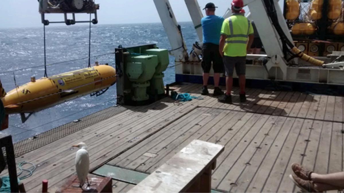 Autosub6000 suspended from the LARS is being recovered onto the RRS <em>James Cook</em>.