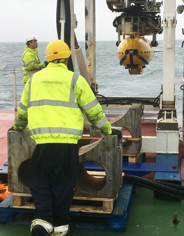 Autosub6000 about to enter the water to start the Darwin Mounds mission.