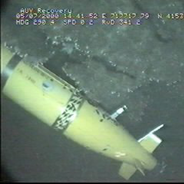 Autosub 2 stuck under an overhang in a subsea cliff.