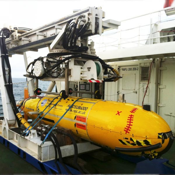 Autosub6000 on deck in the new Launch And Recovery System (LARS).