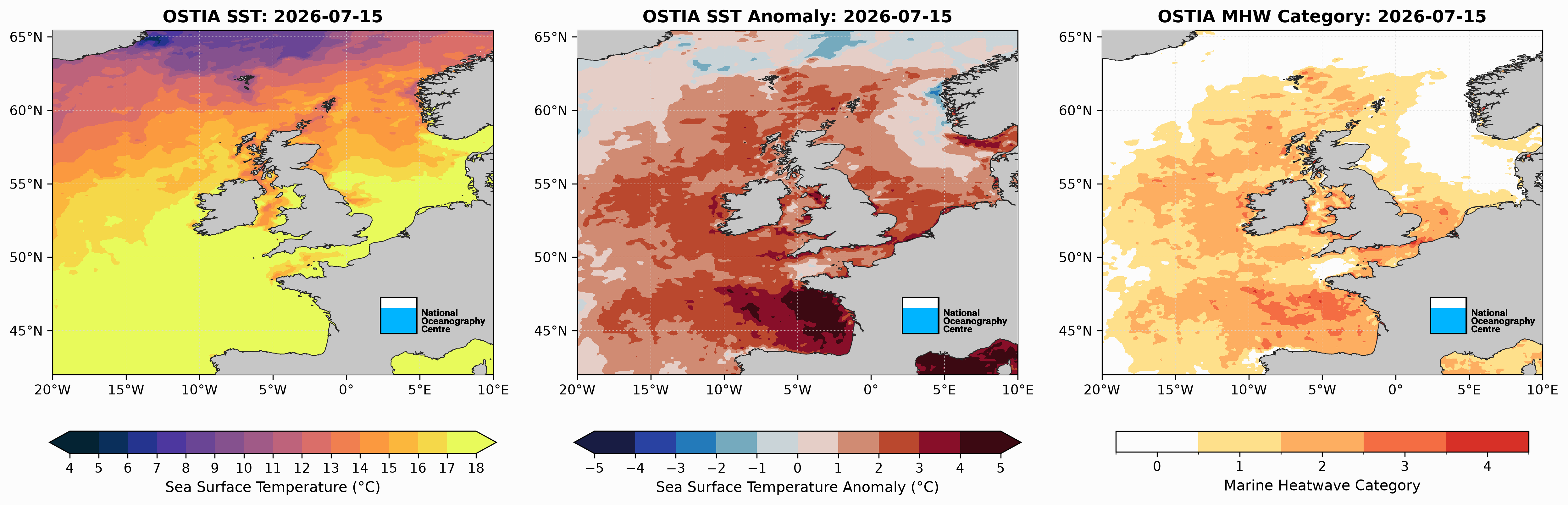 Sea surface temperature anomaly maps for 15 July 2026