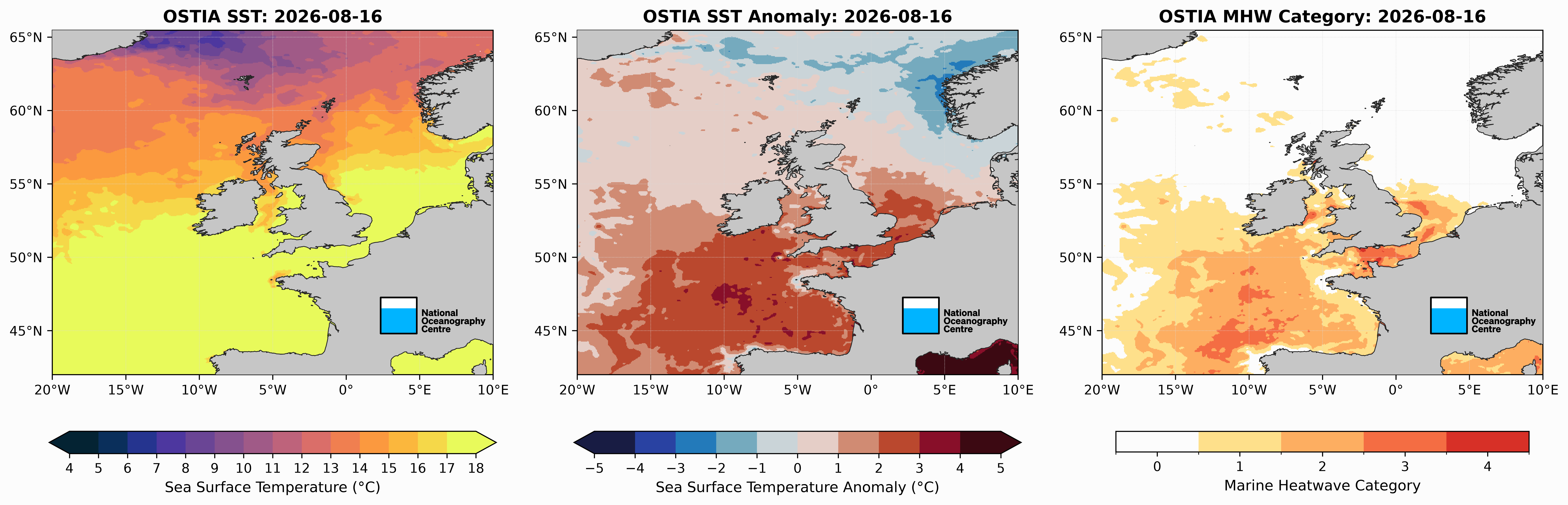 UK Sea Surface Temperatures on 16 August 2026