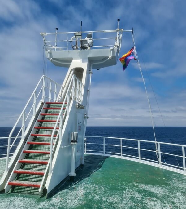 Pride flag flying on RRS James Cook