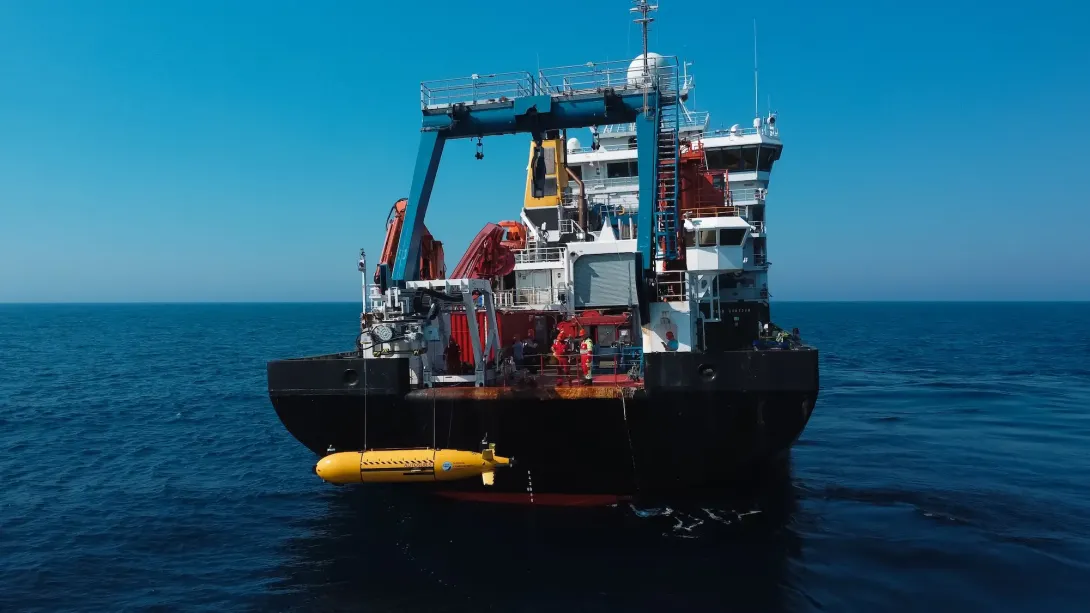 Autosub 5 being launched off the back deck of RRS James Cook