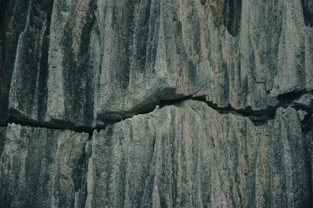 Weathered grey rock with a large crack running through it